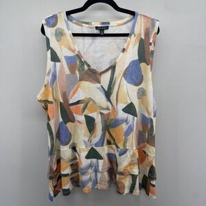 Tribal Sleeveless Linen Blend Top Wms Lg Sunset Gold Abstract Print Double Frill